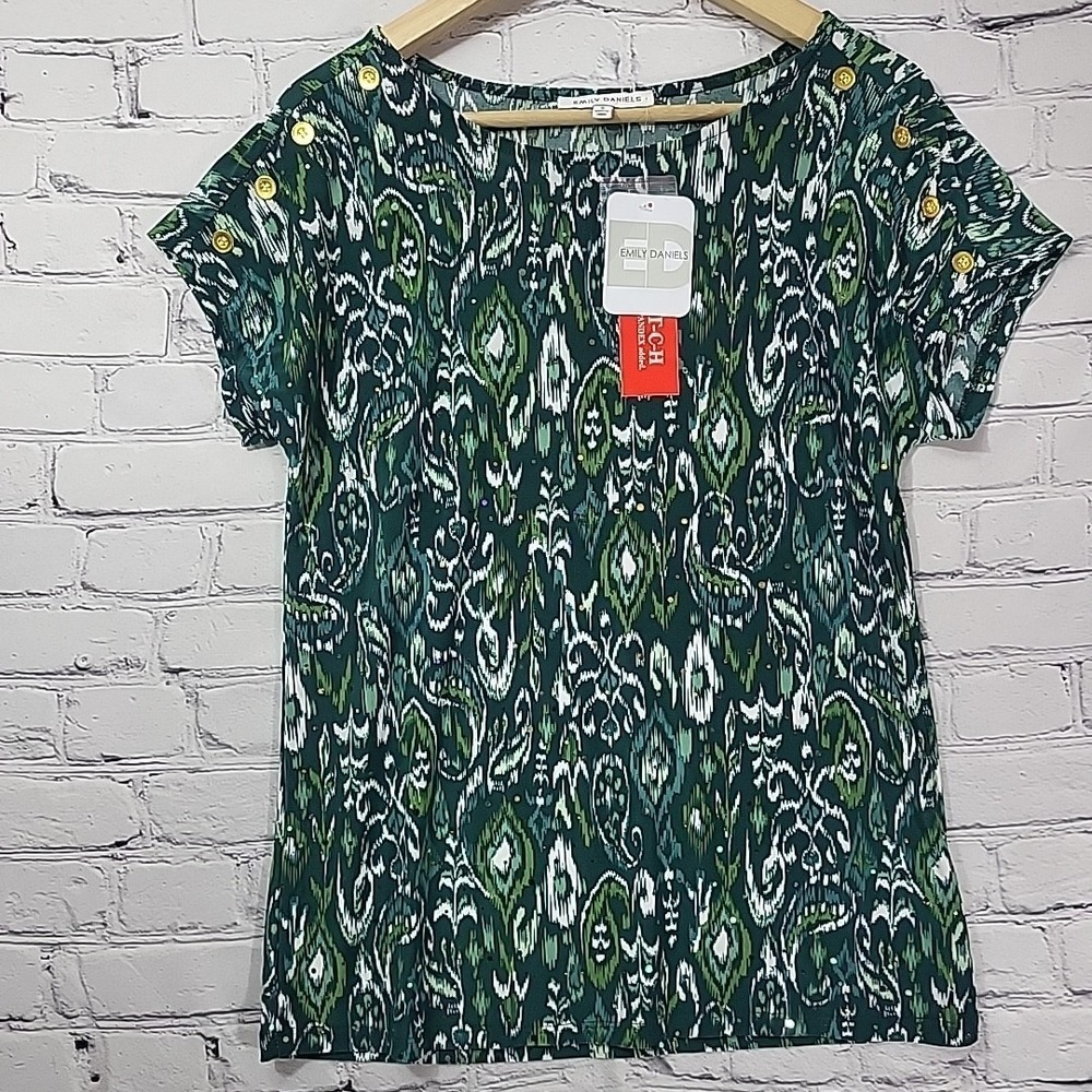 New Emily Daniels Blouse Womens Green Paisley Spandex Liquid Knit Top Size S‎